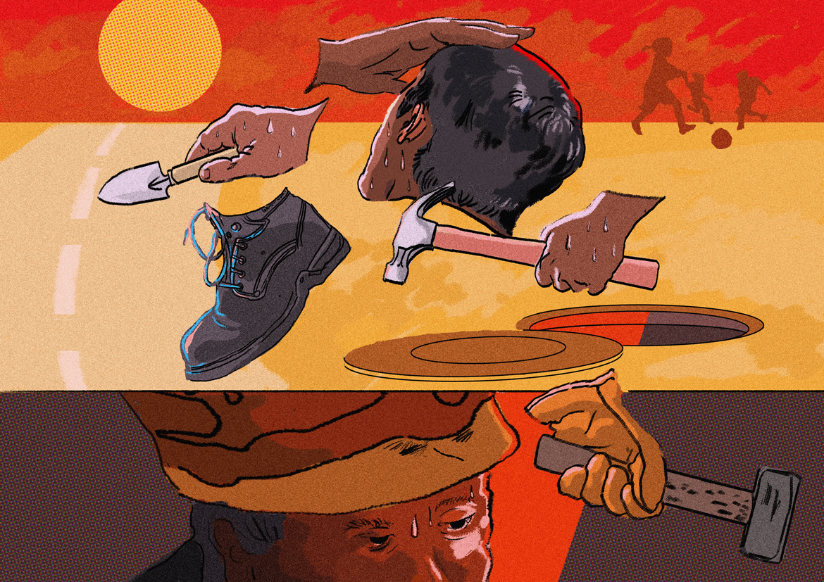 Illustration of construction workers laboring under extreme heat